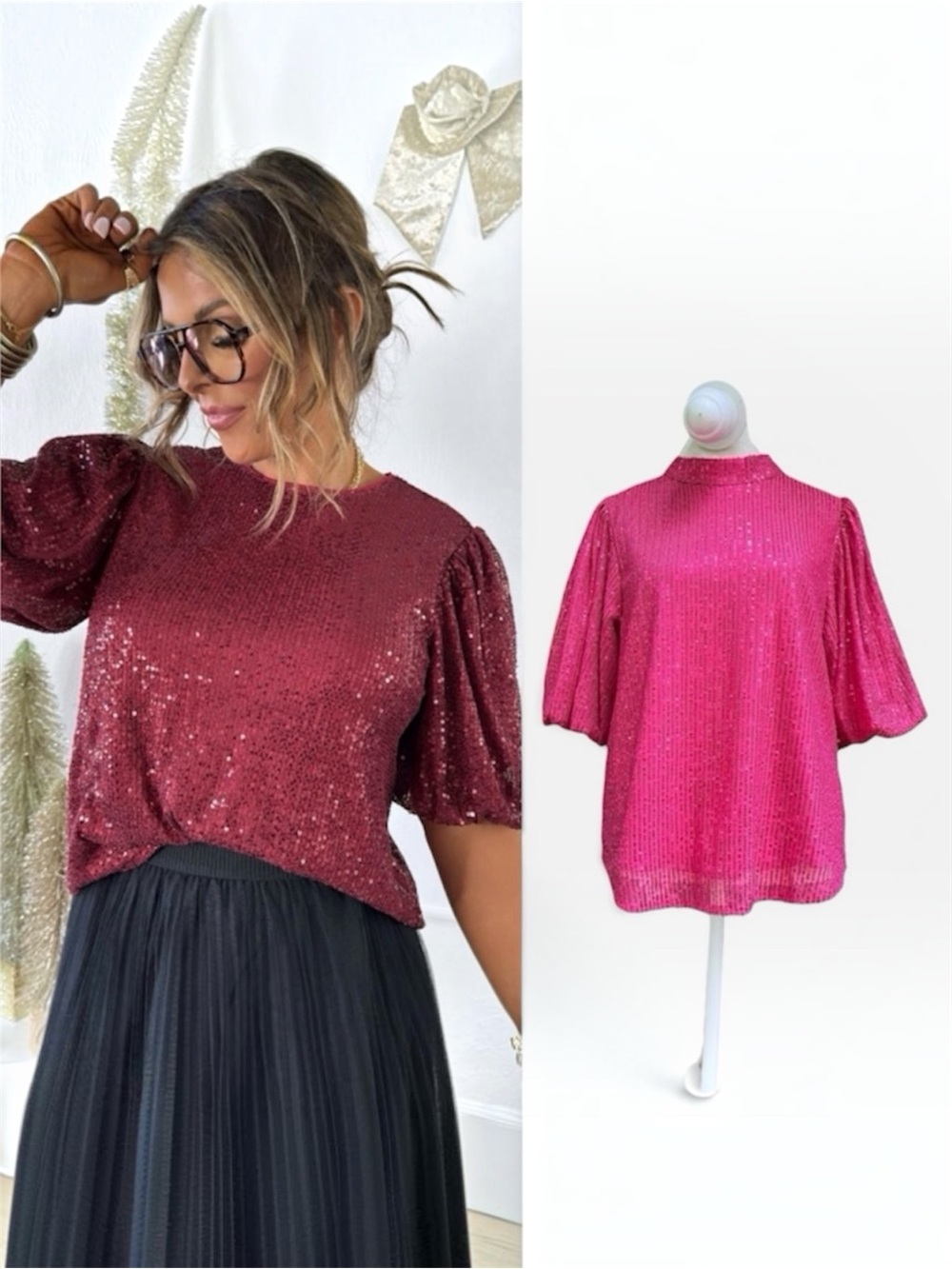 Anthropologie THML Puff Sleeve Sequin Blouse in Fuchsia (Pink) Size Medium
